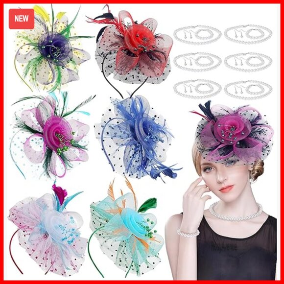 6 Fascinator Hats with Pearl Jewelry Set for Derby Wedding Cocktail Party main image 7